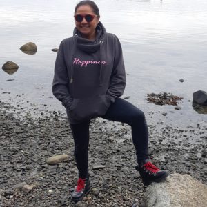 charcoal cowl hoodie with happiness printed on the front